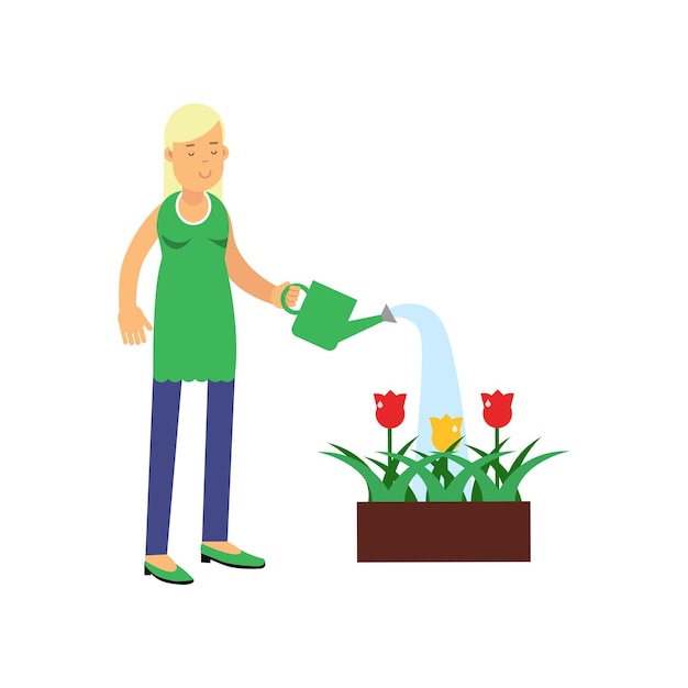 Vetor personagem de desenho animado de mulher loira sorridente regando flores de tulipa de regador. contribuindo para a preservação do meio ambiente. pessoas que protegem a natureza. ilustração em vetor plana isolada no branco.