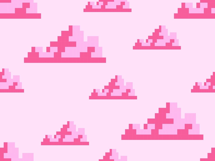 Vetor personagem de desenho animado de nuvem sem costura no fundo rosa estilo pixel