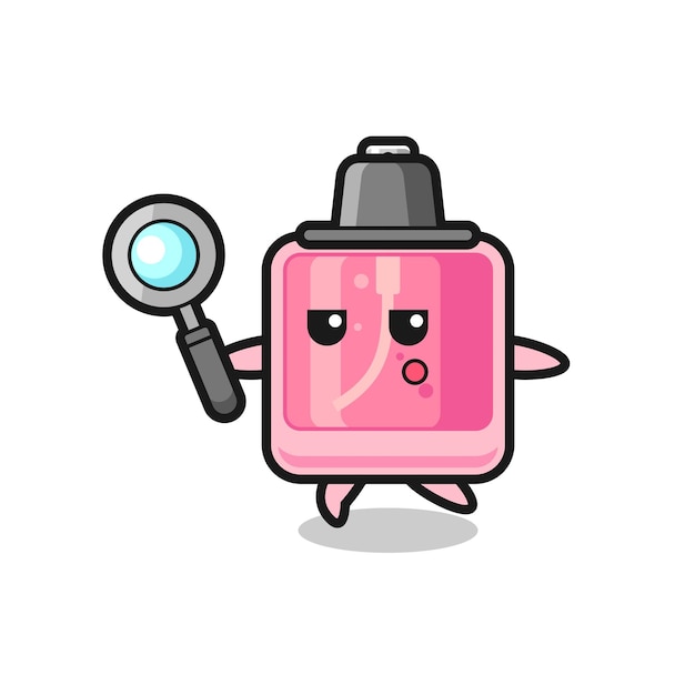 Personagem de desenho animado de perfume pesquisando com uma lupa, design de estilo fofo para camiseta, adesivo, elemento de logotipo