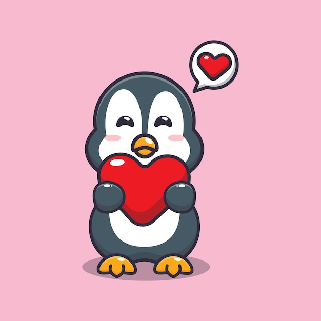 Personagem de desenho animado de pinguim bonitinho segurando coração de amor