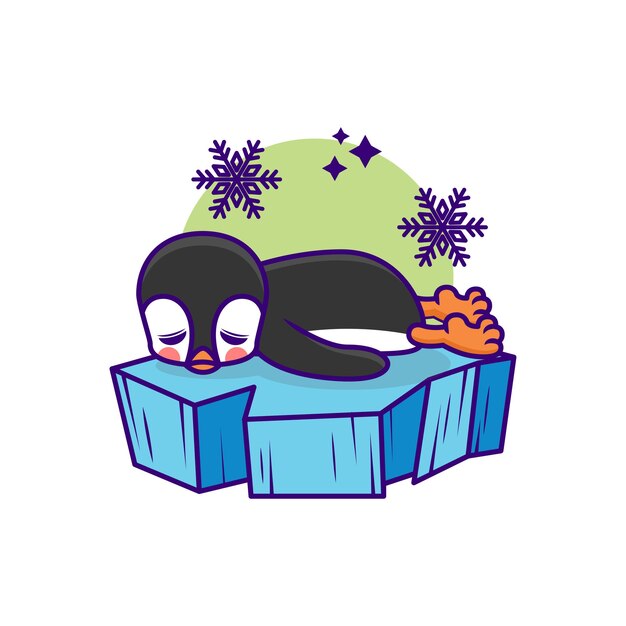 Personagem de desenho animado de pinguim brincalhão durante a neve no inverno
