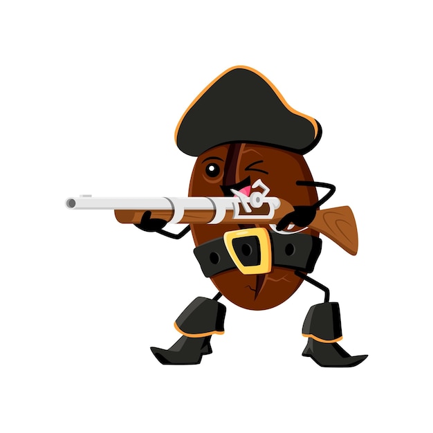 Personagem de desenho animado de pirata de grãos de café com mosquete personagem de grão de arábica feroz de vetor pronto para aventura em alto mar bucaneiro engraçado com uma arma na mão protege e defende o tesouro ou pilhagem