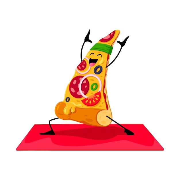 Personagem de desenho animado de pizza de fast food em fitness de ioga