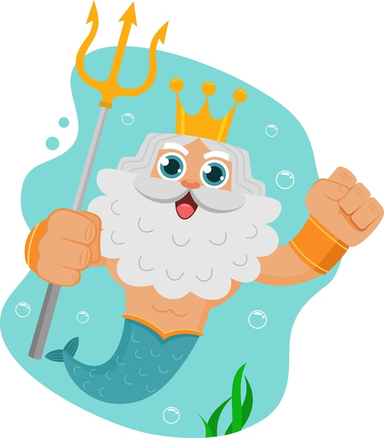 Personagem de desenho animado de Poseidon Netuno do deus do mar nada debaixo d'água com ilustração vetorial de tridente