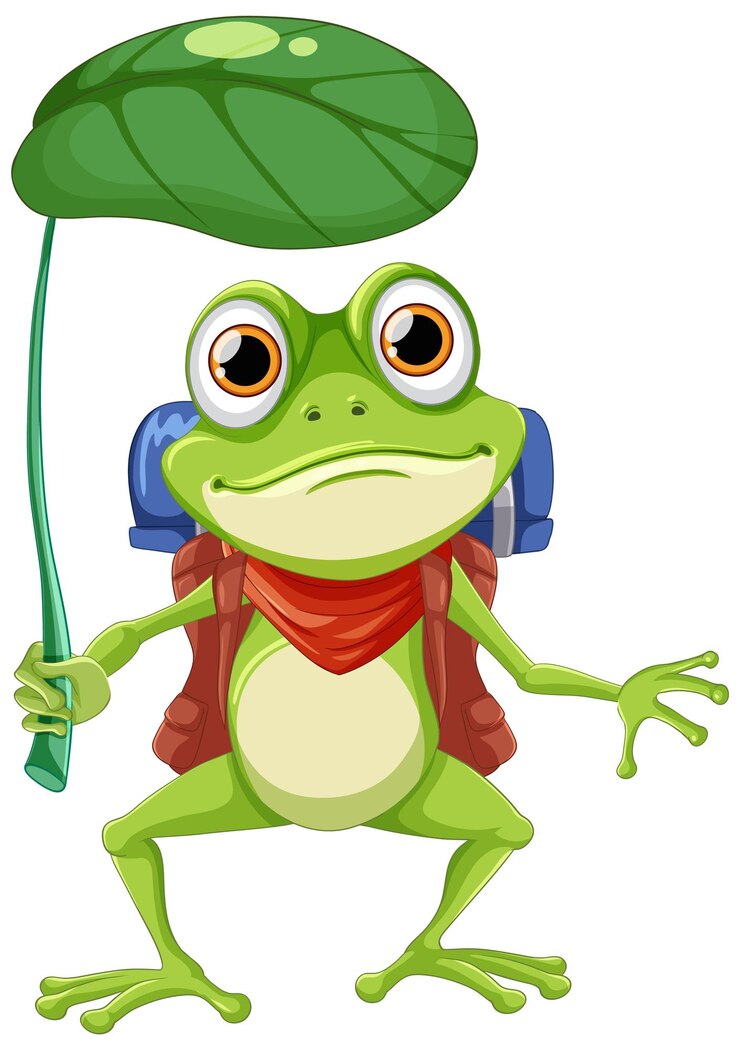 Vetor personagem de desenho animado de sapo verde segurando guarda-chuva de folha