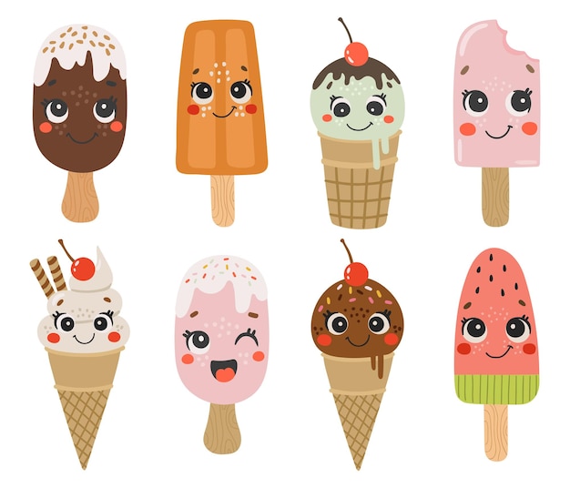 Personagem de desenho animado de sorvetes fofos Conjunto de vetores de sorvetes felizes Sorvetes de verão com olhos