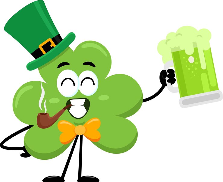 Vetor personagem de desenho animado de st. patrick's clover leaf com um cachimbo segurando um copo de cerveja