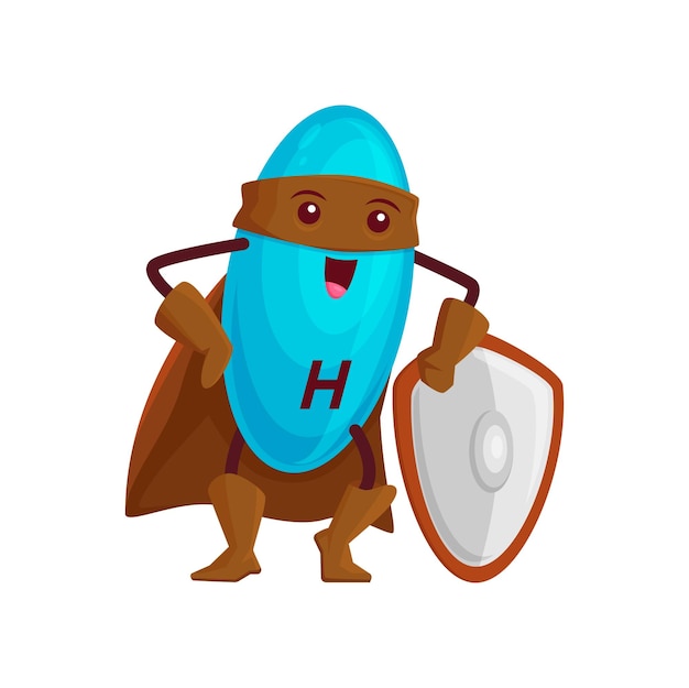 Personagem de desenho animado de super-herói de vitamina h com escudo