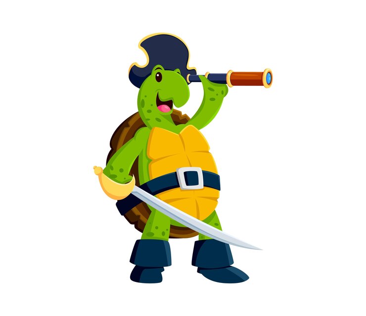 Vetor personagem de desenho animado de tartaruga pirata vestindo tricórnio