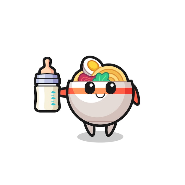 Personagem de desenho animado de tigela de macarrão para bebê com garrafa de leite, design de estilo fofo para camiseta, adesivo, elemento de logotipo