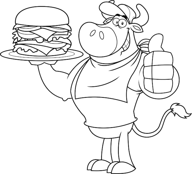 Personagem de desenho animado de touro delineado dando os polegares para cima e segurando um hambúrguer duplo
