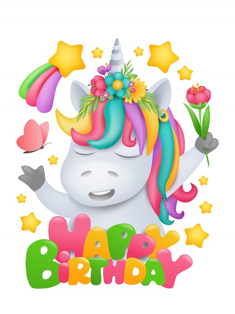 Vetor personagem de desenho animado de unicórnio arco-íris com flor na mão. modelo de cartão de convite de aniversário