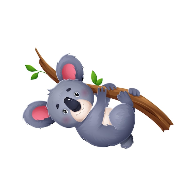 Personagem de desenho animado de urso koala feliz pendurado em uma árvore