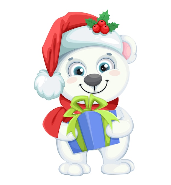 Personagem de desenho animado de urso polar fofo segurando uma caixa de presente