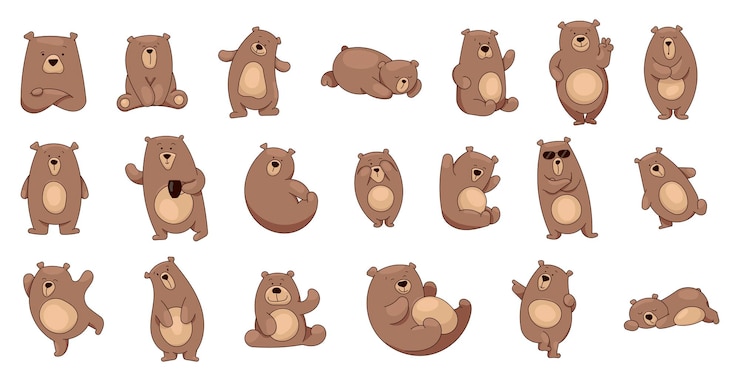 Vetor personagem de desenho animado de urso teddy engraçado em diferentes poses e atividades desenho vetorial