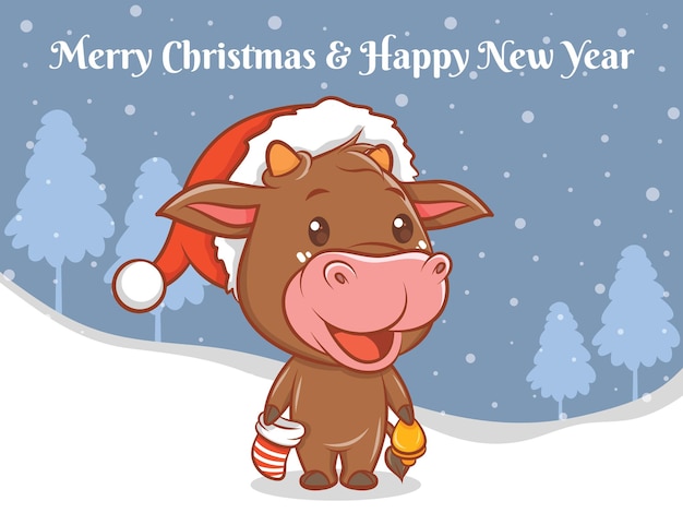 Personagem de desenho animado de vaca fofa com banner de feliz natal e feliz ano novo