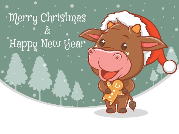 Personagem de desenho animado de vaca fofa com banner de feliz natal e feliz ano novo