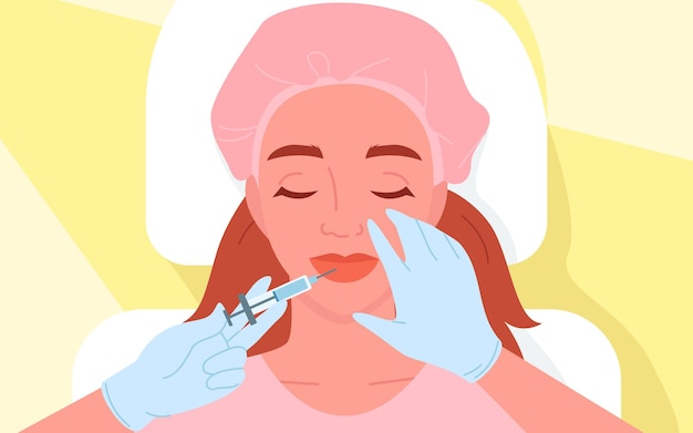 Personagem de desenho animado deitada sobre anti-rugas dérmica cuidados com a pele cosmetologista esteticista segurando agulha de fundo de vista superior Cosmetologia medicina skincare procedimento de beleza ilustração vetorial