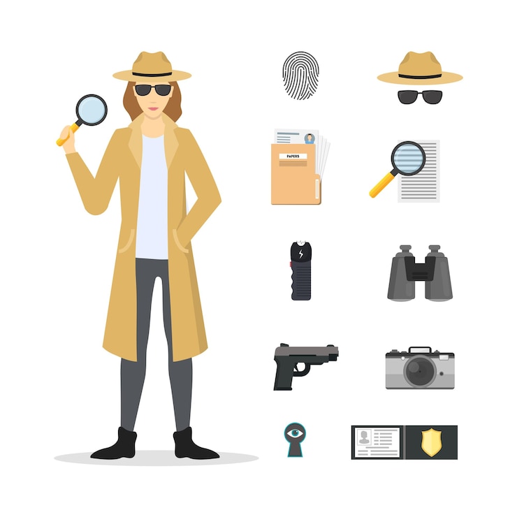 Vetor personagem de desenho animado detetive feminina e conjunto de ícones inclui câmera de arma, emblema, lupa e ilustração vetorial de impressão digital