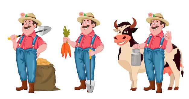 Personagem de desenho animado do agricultor, conjunto de três poses