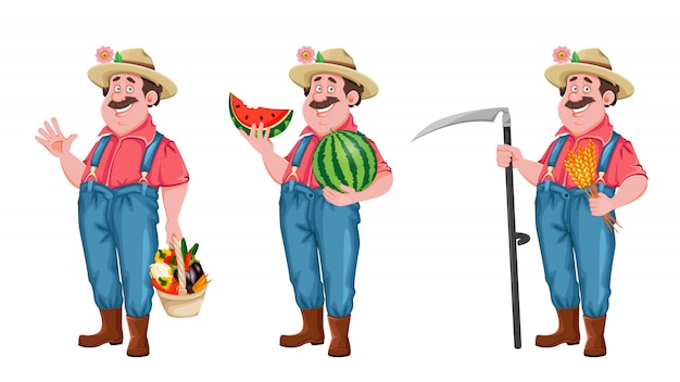 Vetor personagem de desenho animado do agricultor, conjunto de três poses