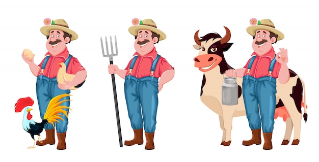 Personagem de desenho animado do agricultor, conjunto de três poses