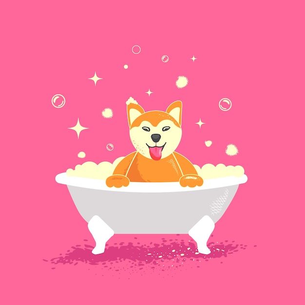 Personagem de desenho animado do cão. Banho de Akita. Salão de estética para cães. Animal De Estimação Bonito Com Bolhas No Fundo Rosa.