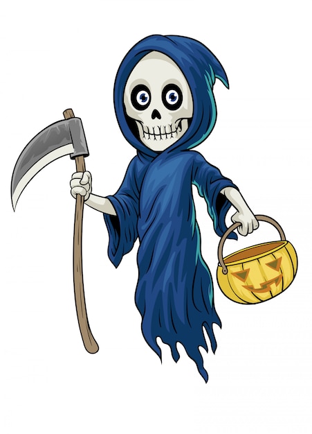 Personagem de desenho animado do ceifador segurar a abóbora de halloween