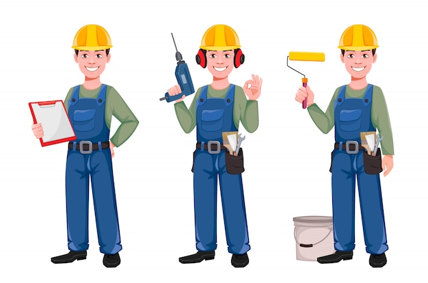 Personagem de desenho animado do construtor, conjunto de três poses