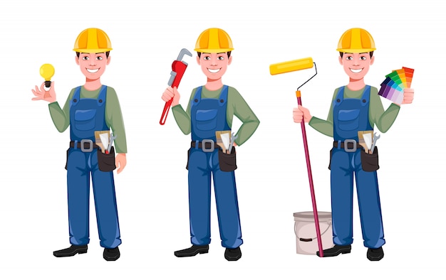 Personagem de desenho animado do construtor, conjunto de três poses