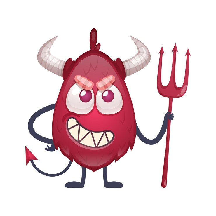 Vetor personagem de desenho animado do diabo vermelho com chifres e cauda segurando uma ilustração de tridente
