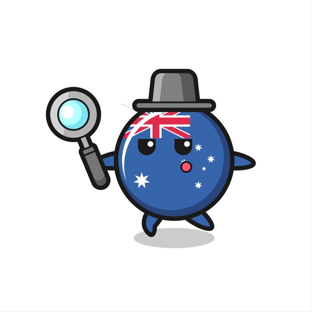 Personagem de desenho animado do distintivo da bandeira da austrália pesquisando com uma lupa, design de estilo fofo para camiseta, adesivo, elemento de logotipo