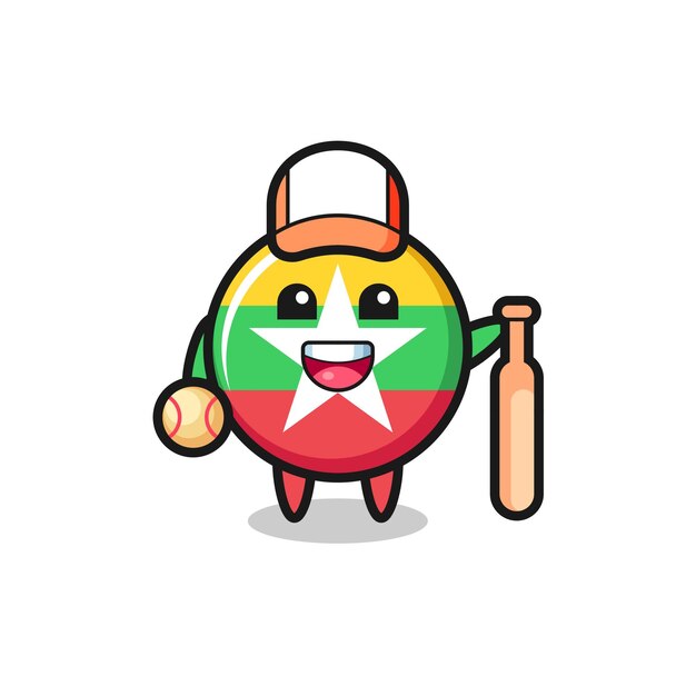 Personagem de desenho animado do distintivo da bandeira de myanmar como jogador de beisebol, design bonito