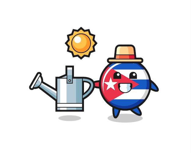 Personagem de desenho animado do distintivo de bandeira de cuba segurando o regador