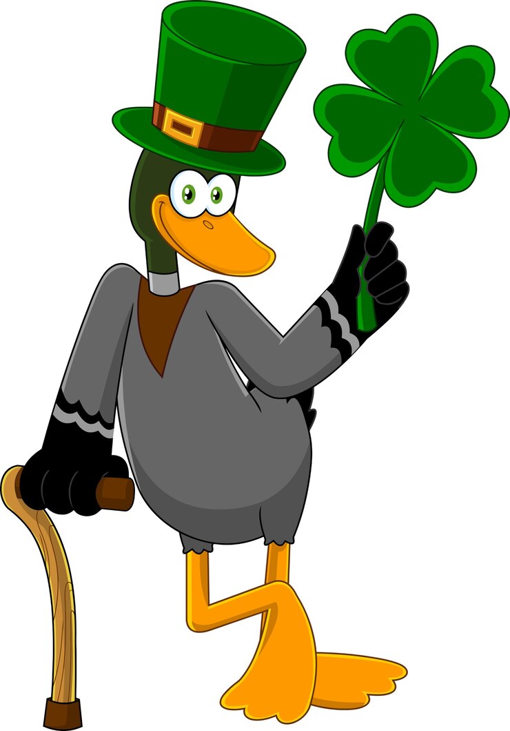 Vetor personagem de desenho animado do duende de pato sortudo segurando um trevo de folhas. ilustração