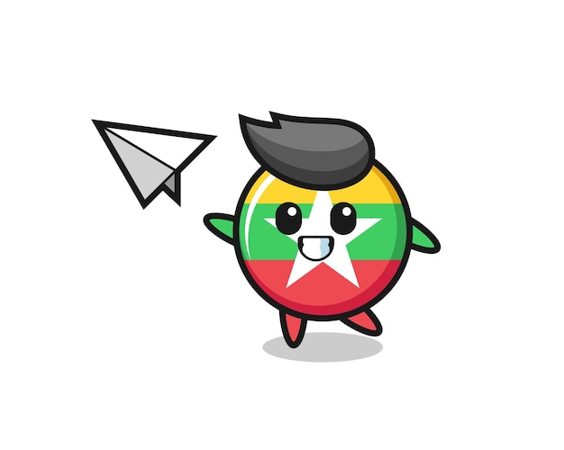 Personagem de desenho animado do emblema da bandeira de mianmar jogando avião de papel, design bonito