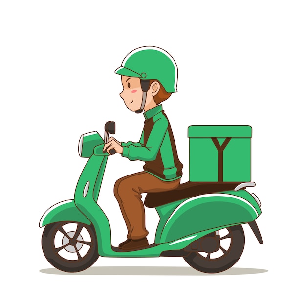 Personagem de desenho animado do entregador de comida, andar de moto verde.