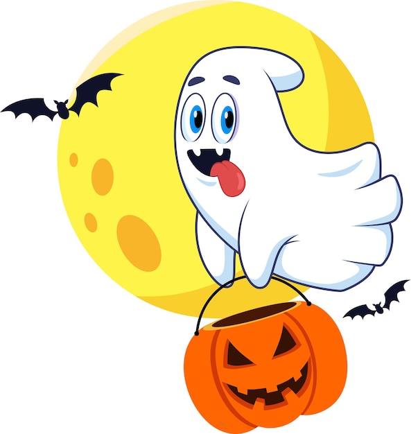 Personagem de desenho animado do fantasma de halloween a voar com uma cesta de abóbora