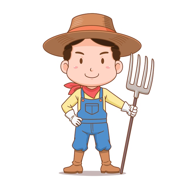 Vetor personagem de desenho animado do fazendeiro segurando o ancinho