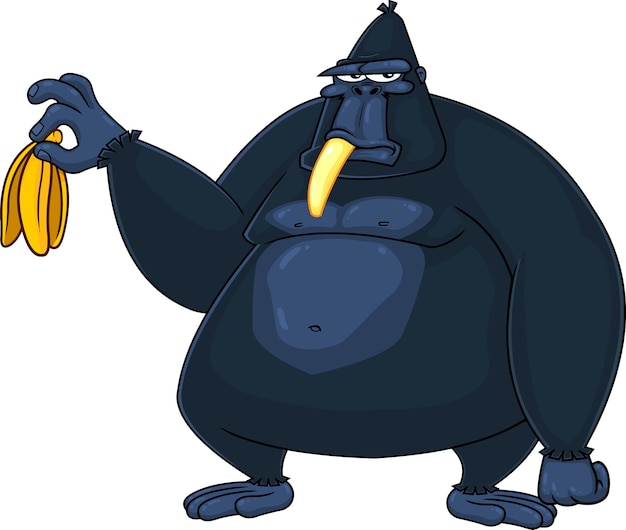 Personagem de desenho animado do gorila negro está segurando uma banana. ilustração isolada no fundo branco