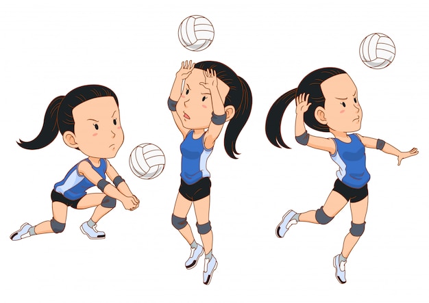 Personagem de desenho animado do jogador de vôlei em poses diferentes.
