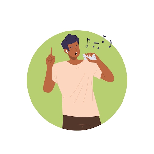 Vetor personagem de desenho animado do jovem adolescente ouvindo música cantando música via aplicativo de telefone móvel e ilustração vetorial de fone de ouvido isolada no fundo branco indivíduo do sexo masculino feliz curtindo a melodia favorita