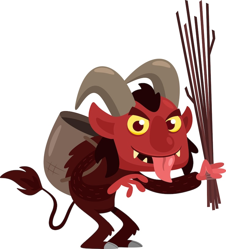 Vetor personagem de desenho animado do krampus ou diabo de natal usando uma mochila de cesto e segurando varas para punir com chicotadas