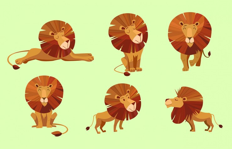 Vetor personagem de desenho animado do leão. conjunto de ilustrações.