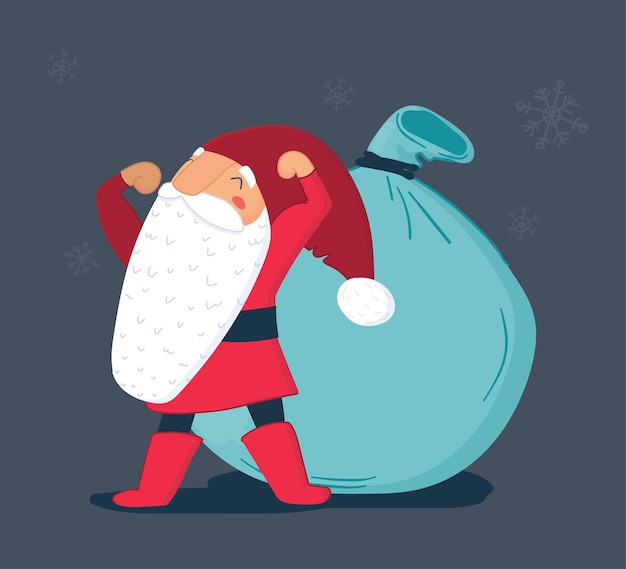 Personagem de desenho animado do papai noel, ilustração vetorial de natal, bolsa de transporte de homem forte de bíceps flexionando engraçado