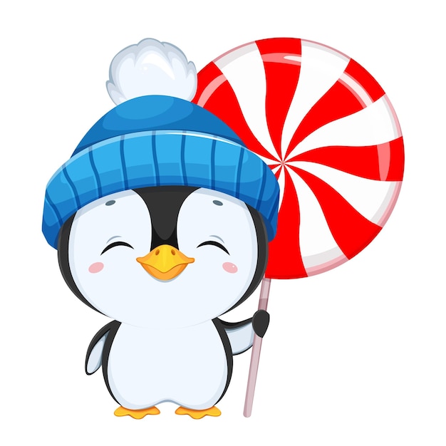 Personagem de desenho animado do pinguim bonitinho. engraçado pinguim com chapéu azul segurando doces. feliz natal e feliz ano novo. ilustração em vetor de estoque