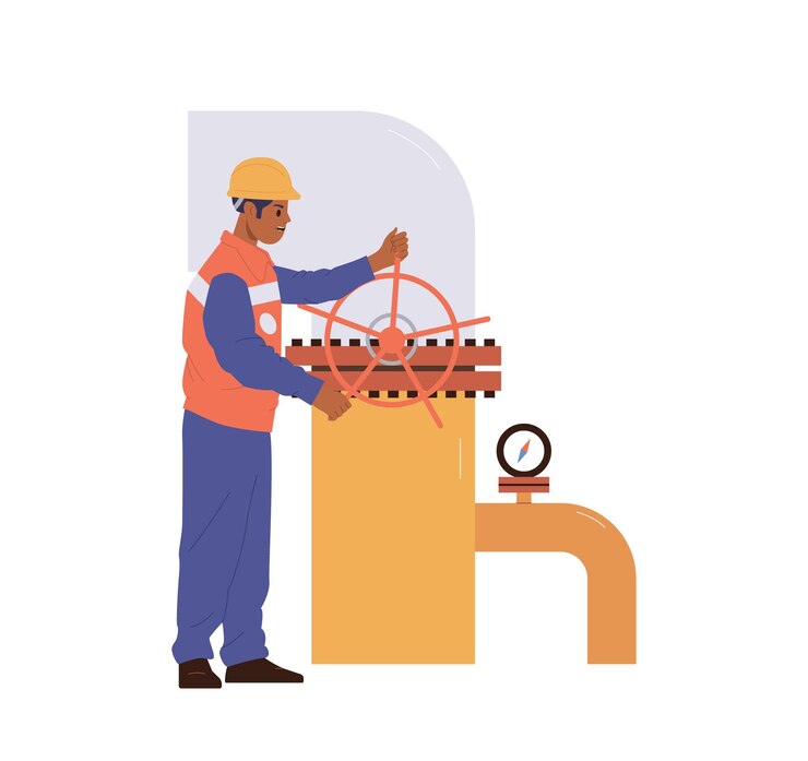 Vetor personagem de desenho animado do trabalhador da indústria petrolífera em uniforme fornecendo inspeção técnica e manutenção em pé perto de pipeline ilustração vetorial de construção industrial isolado em fundo branco