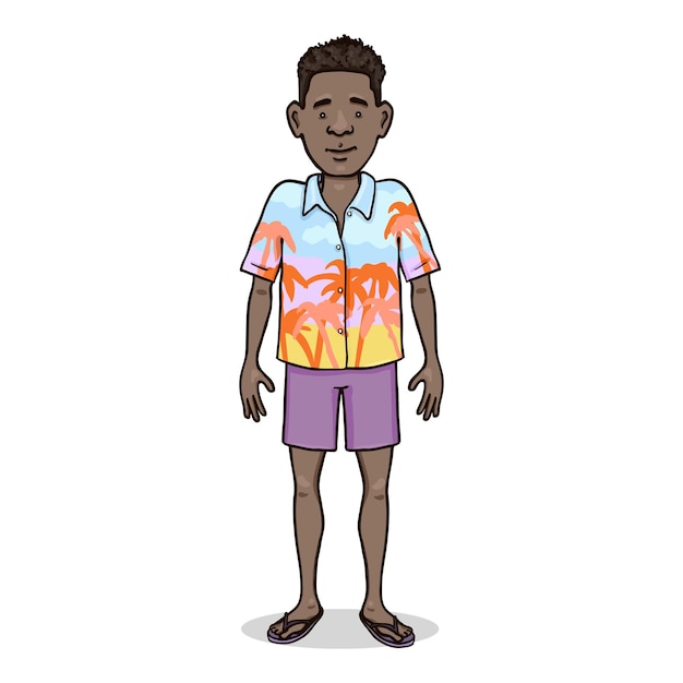 Personagem de desenho animado do vetor - jovem afro-americano em camisa havaiana, shorts e chinelos. Roupa de praia.