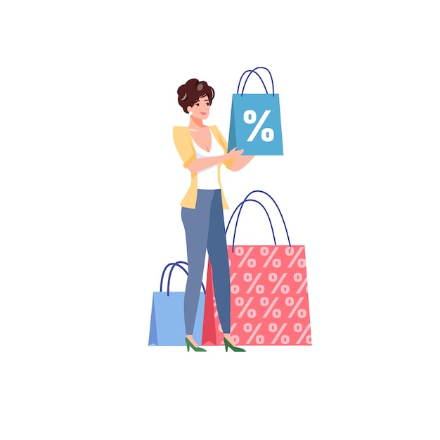 Personagem de desenho animado estilo simples contém mercadorias com ilustração de desconto de compras