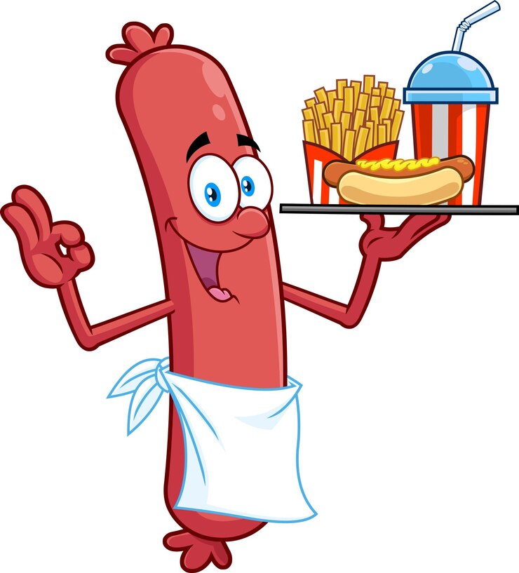 Vetor personagem de desenho animado feliz chef de salsicha gesticulando ok e segurando um cachorro-quente batatas fritas e refrigerante